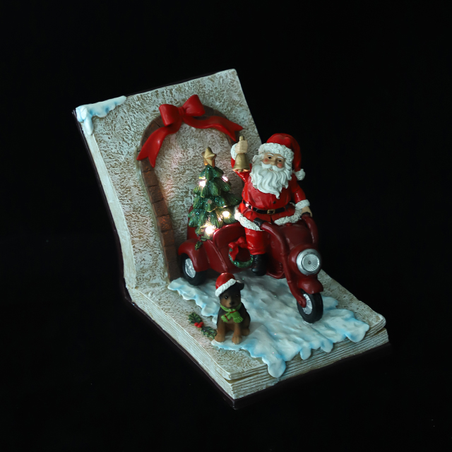 Polyresin Santa Riding Motorcycle with Xmas Tree Ornament with LED in The Book 
