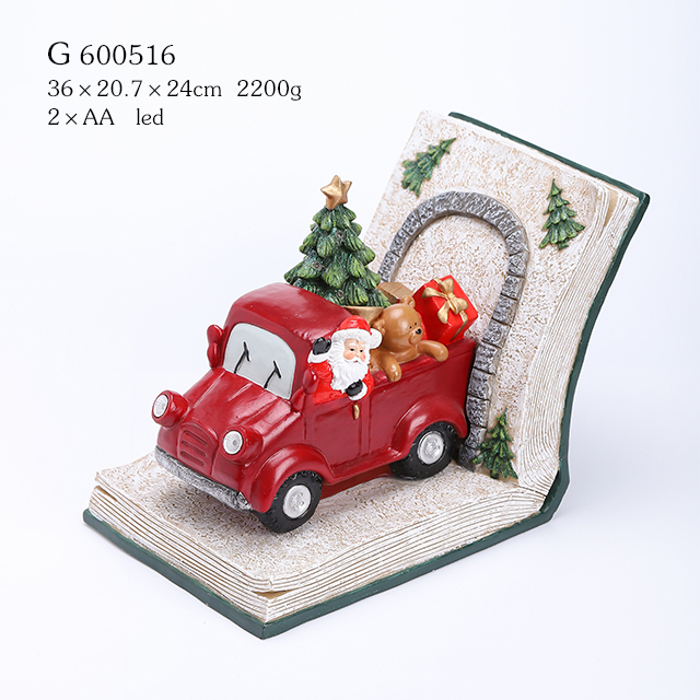 Polyresin Santa Driving Car with Xmas Tree Ornament with LED in The Book 