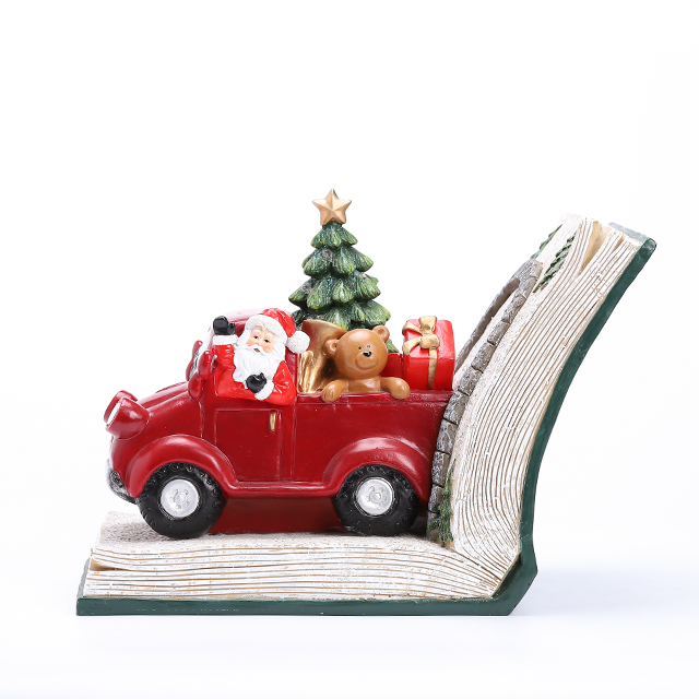 Polyresin Santa Driving Car with Xmas Tree Ornament with LED in The Book 